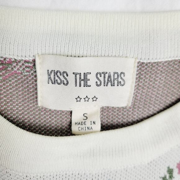 Kiss the Stars Puff Shoulder Crochet Crop Top S Cream Pink Floral Blouse - Picture 7 of 8